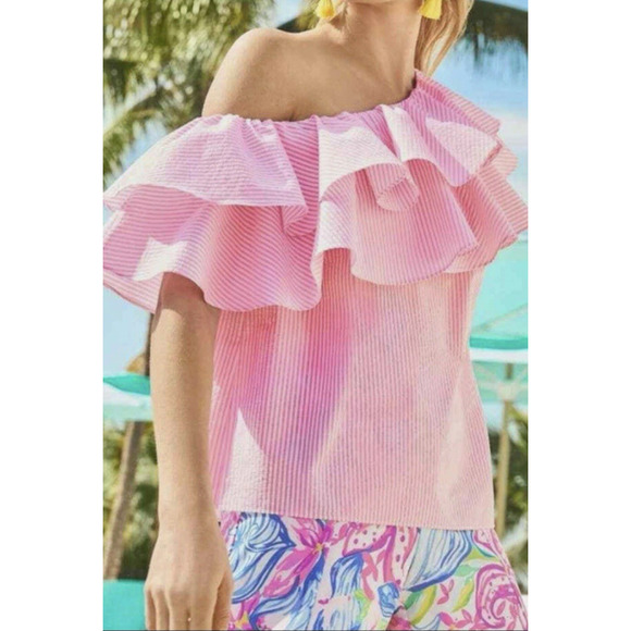 Lilly Pulitzer Seersucker Trixie One Shoulder Ruffle Top XS Pink & White Stripe - Picture 14 of 14
